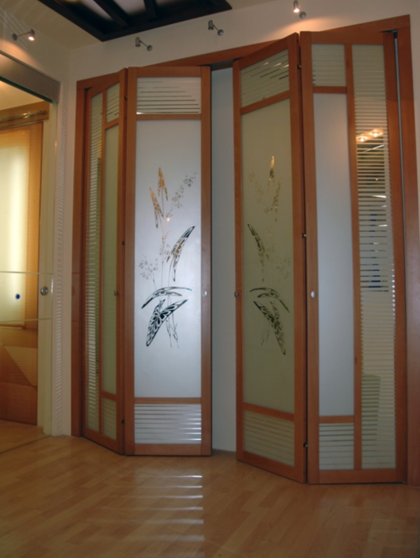 Широкие двери гармошка с матовым стеклом и рисунком Витебск